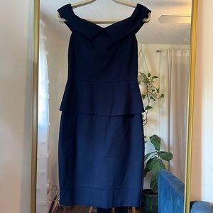 TED BAKER LAETITA BARDOT OFF THE SHOULDER PEPLUM WAIST NAVY DRESS